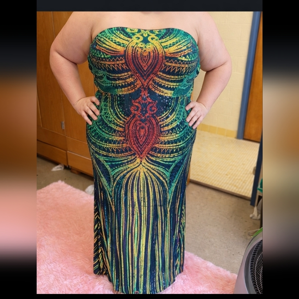 Plus Size Strapless Multicolor Sequin Evening Gown